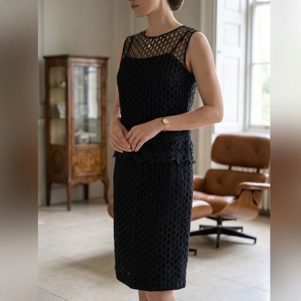 Vintage 60s Lee Jordan New York Black Lace Cocktail Dress Set | Old Money Glam